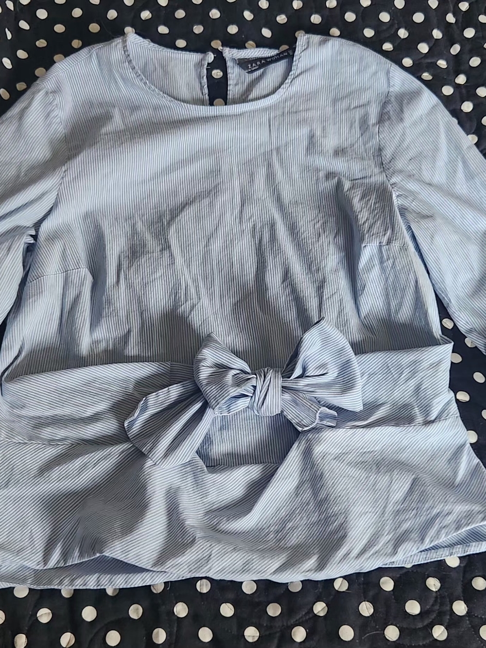 Zara Light Blue Pinstripe Tie-Waist Blouse